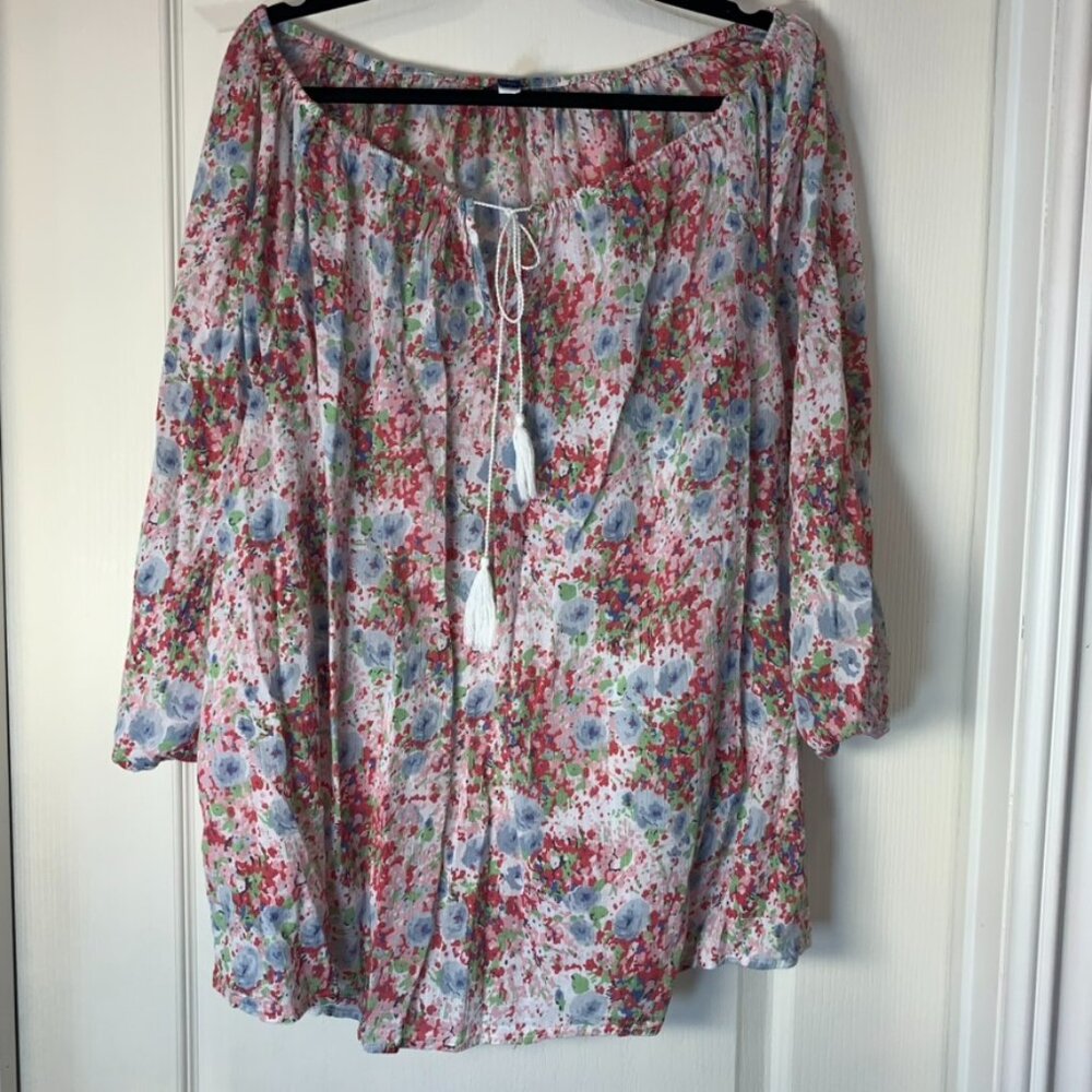 Chaps Floral Boho Blouse 2X Lightweight‎ Peasant Top Tie Neck Cottagecore